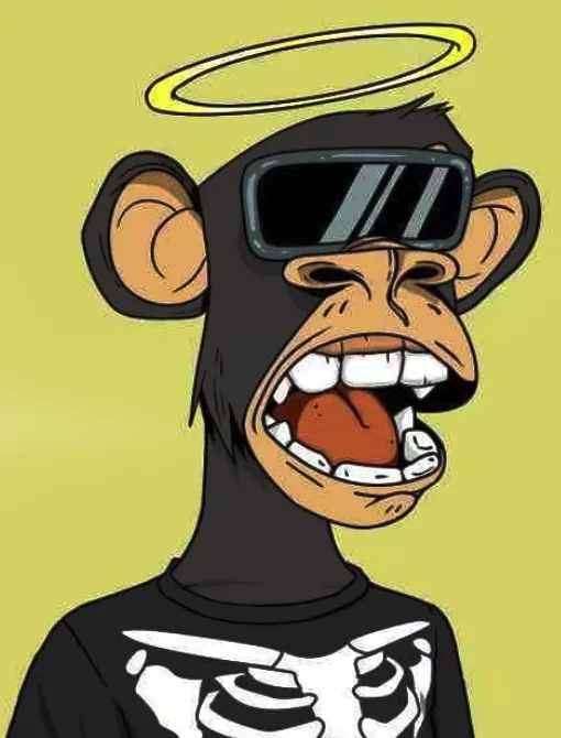 A cartoon monkey wearing a black shirt with a halo on his head