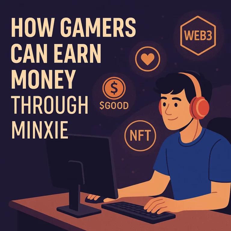 A flat-style illustration of a gamer at a desk with text "How Gamers Can Earn Money Through Minxie" and icons representing NFTs, $GOOD token, and Web3 around him.