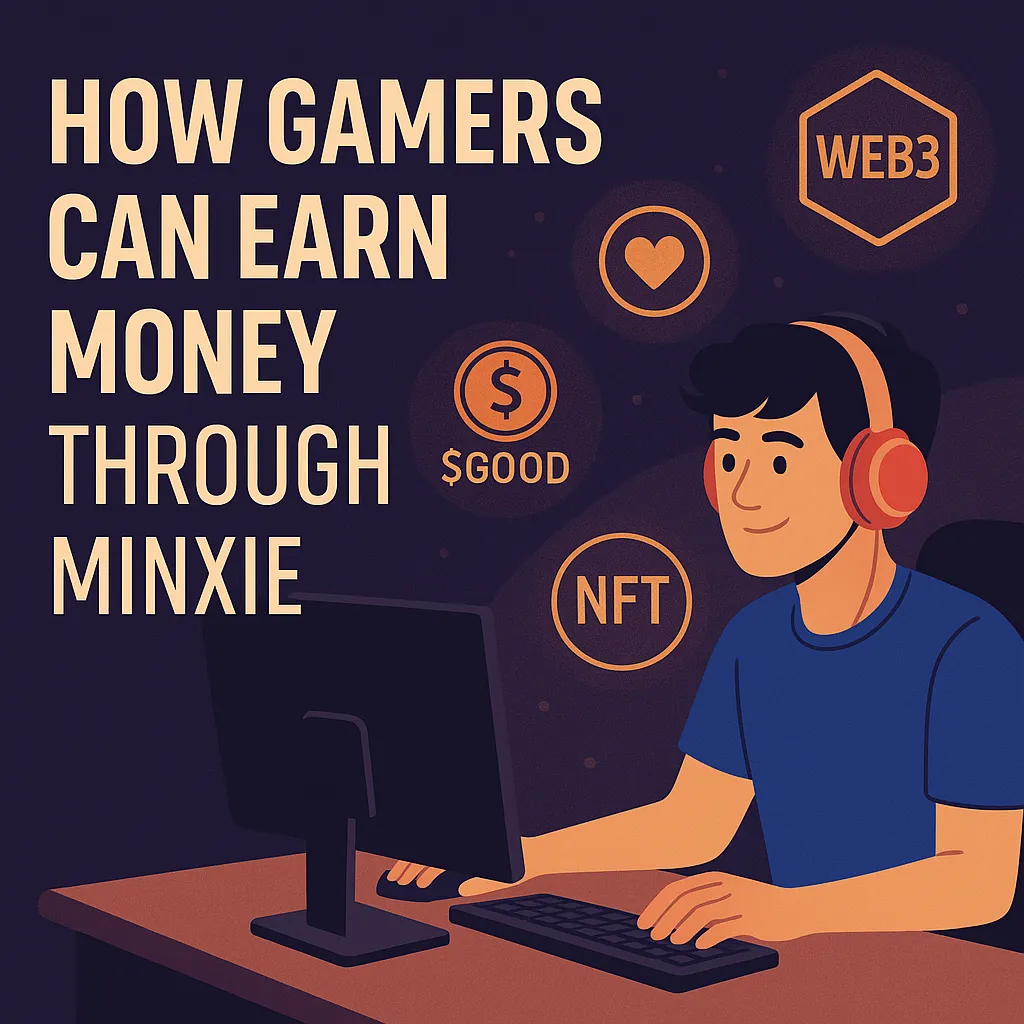 A flat-style illustration of a gamer at a desk with text "How Gamers Can Earn Money Through Minxie" and icons representing NFTs, $GOOD token, and Web3 around him.