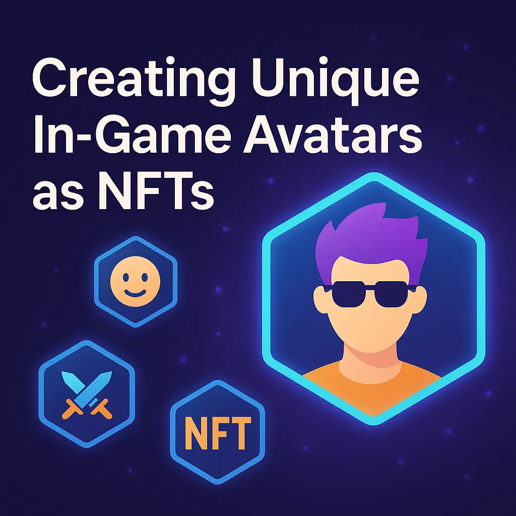 A digital illustration with the title "Creating Unique In-Game Avatars as NFTs" featuring a stylized avatar with purple hair, surrounded by glowing icons of a smiley face, crossed swords, and the NFT acronym.