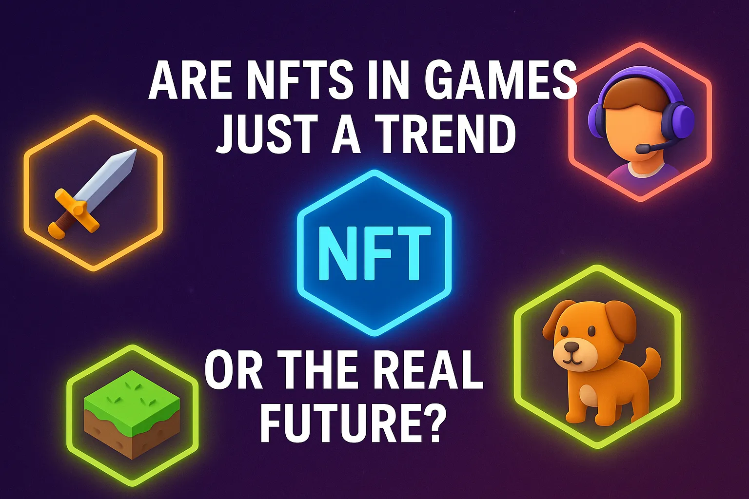 A digital illustration showing the question "Are NFTs in games just a trend or the real future?" with icons of a sword, avatar, dog, land block, and an NFT symbol in glowing hexagons.