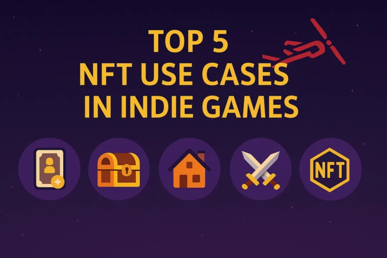 A digital infographic titled "Top 5 NFT Use Cases in Indie Games" on a purple starry background, with five circular icons representing a character card, treasure chest, house, crossed swords, and NFT token; a red airplane symbol appears above the title.